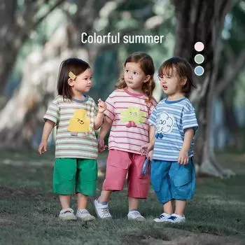 Футболка в полоску с рисунком для детей 2025 года — нейтральная, универсальная, с коротким рукавом 140 cm