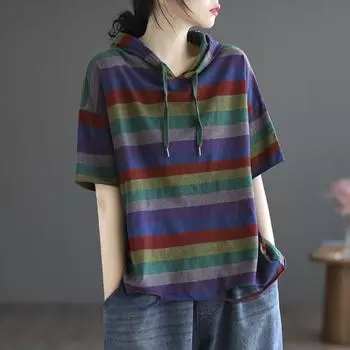Футболка в полоску в стиле ретро с короткими рукавами для женщин, летняя свободная толстовка с капюшоном большого размера для женщин XXXXXL