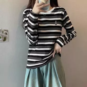 Футболка в полоску в стиле ретро в стиле Гонконга с контрастными цветами, женская, с длинными рукавами и уникальной вышивкой, из чистого хлопка, свободная нижняя часть, верхняя часть, осень S