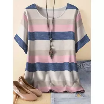 Футболка в яркую полоску больших размеров - Повседневный топ с коротким рукавом и круглым вырезом - Стильная и удобная для весны и лета - Женская модная одежда больших размеров XL