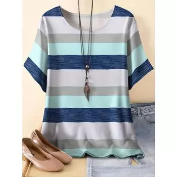 Футболка в яркую полоску больших размеров - Повседневный топ с коротким рукавом и круглым вырезом - Стильная и удобная для весны и лета - Женская модная одежда больших размеров XL