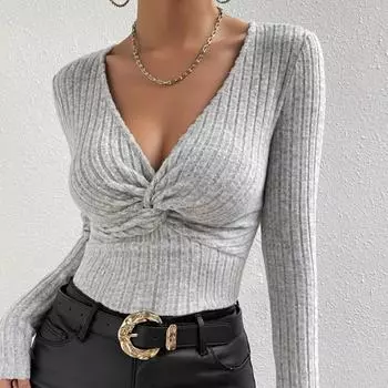 Футболка в рубчик с закрученной передней частью, повседневный топ с длинными рукавами на весну и осень, женская одежда XS серый