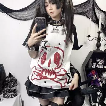 Футболка в стиле эмо-панк, эстетика гранжа, весна 2000 года, длинный рукав, свободная, повседневная, рок-субкультура, топ для улицы и студентов, лето в стиле Харадзюку S чёрный