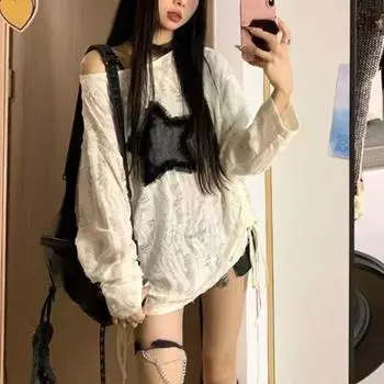 Футболка в стиле гранж, женская модная футболка с принтом звезды Y2k, эстетические свободные футболки Kpop Fairycore, рваная футболка Harajuku, готическая уличная одежда S бежевый