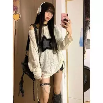 Футболка в стиле гранж, женская модная футболка с принтом звезды Y2k, эстетические свободные футболки Kpop Fairycore, рваная футболка Harajuku, готическая уличная одежда S белый