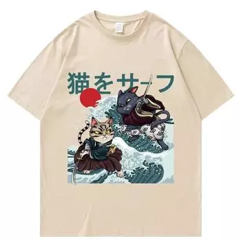 Футболка в стиле Харадзюку в стиле хип-хоп, футболка с принтом кота для серфинга, 2023, летняя футболка унисекс с короткими рукавами, хлопковая футболка со свободным верхом L
