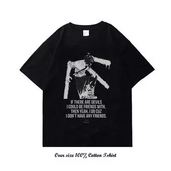 Футболка в стиле хип-хоп с изображением человека-бензопилы и японского аниме, повседневная хлопковая футболка Harajuku, летняя мужская футболка унисекс с коротким рукавом S