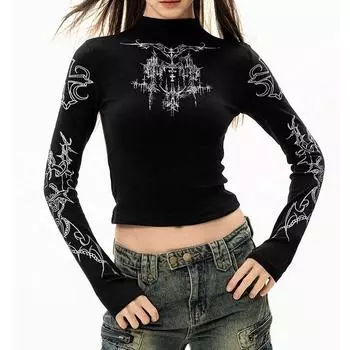 Футболка в стиле панк с абстрактным принтом для женщин из Европы и Америки, облегающая, с длинными рукавами S чёрный