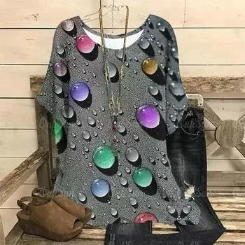 Футболка в стиле ретро для женщин с принтом капель, футболки с коротким рукавом, летний круглый вырез, модный женский свободный свитер S