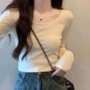 Футболка в стиле ретро из американского чистого хлопка с длинными рукавами и правым плечом для женщин на весну и осень, облегающая, сексуальная, короткая, с открытыми ключицами S