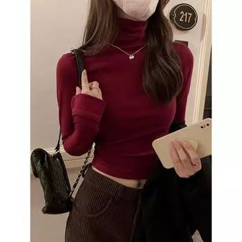 Футболка в стиле ретро красного цвета с длинными рукавами для женщин, правое плечо высокого качества, тонкий бархатный утолщенный воротник на осень и зиму, нижняя часть рубашки сверху S