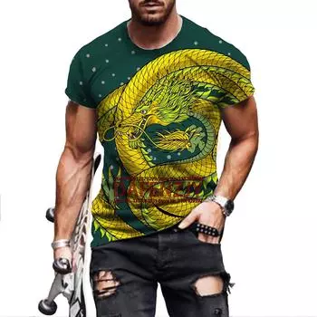 Футболка в стиле ретро с изображением дракона и 3D принтом, с коротким рукавом, индивидуальность, 3D стиль, мужская модная повседневная футболка XS чёрный