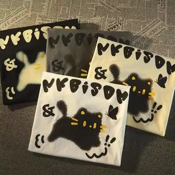 Футболка в стиле ретро с милым мультяшным котенком и круглым вырезом для мужчин и женщин, летняя модная тенденция, повседневный удобный топ с короткими рукавами для пар, Harajuku S серый