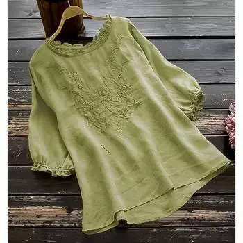 Футболка в стиле ретро в этническом стиле с коротким рукавом, свободная вышитая футболка с оборками на рукавах-пузырях S белый