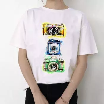 Футболка в стиле ретро, женская футболка с акварельными цветами и камерой, винтажные футболки с принтом Femme, белая футболка, футболка с рисунком, топы, одежда S