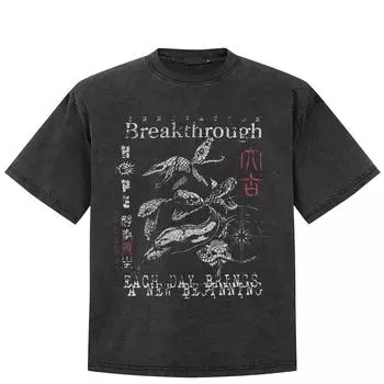 Футболка в уличном стиле с принтом змеи, черная футболка из хлопка, стираная, унисекс, топы, футболки, свободные футболки с короткими рукавами S чёрный