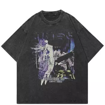 Футболка в уличном стиле с рисунком японского аниме, черная футболка из хлопка, унисекс, свободная, с короткими рукавами S чёрный