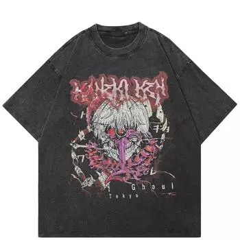 Футболка в уличном стиле с рисунком в японском стиле, хлопковая черная футболка, унисекс, свободная, с короткими рукавами S чёрный