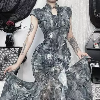 Футболка в винтажном китайском стиле AltGoth для женщин Fairycore Grunge Elegant Hollow Out с коротким рукавом, пастельная готическая инди-одежда S серый