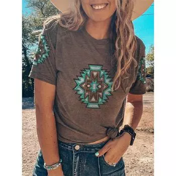 Футболка в западном этническом стиле с геометрическим 3D-принтом для женщин, уличная одежда, ретро-футболки, топы 2000 года, Harajuku, свободные футболки, женская одежда S