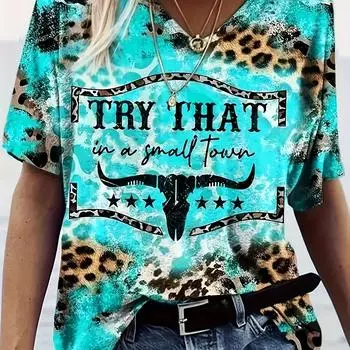 Футболка в западном стиле больших размеров, женский топ с V-образным вырезом и короткими рукавами с принтом леопарда и коровьего черепа S