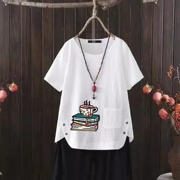 Футболка в земляные тональные полосы: Сертифицированный OEKO-TEX лен-хлопок, свободный крой S белый