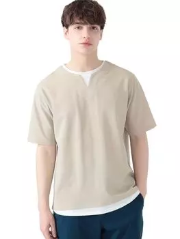 Футболка Water Quick Cool Touch с искусственным слоем и разрезом на шее, бежевая, S 42040331286 [BEAMS HEART] Впитывающая, высыхающая, футболка из нержавеющей стали для мужчин бежевый