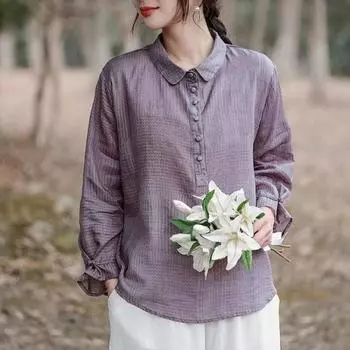 Футболка весна-лето из пряжи, сотканной из чистого рами, с кукольным воротником, с длинными рукавами спереди, с короткой спинкой, с длинными рукавами, универсальные рубашки XL