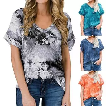 Футболка весна-лето с V-образным вырезом, карманом и подвернутым краем, с короткими рукавами, свободный верх для женщин, футболки для женщин S серый