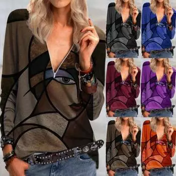 Футболка весна-осень с длинным рукавом и V-образным вырезом с принтом для женщин S серый