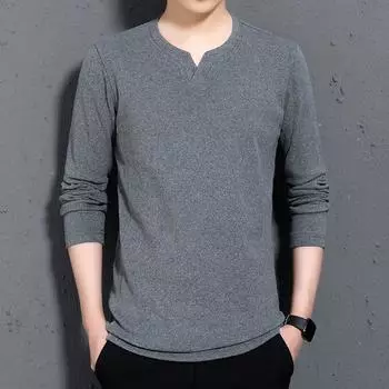 Футболка весна-осень с круглым вырезом и длинными рукавами, однотонная модная мужская базовая рубашка M серый