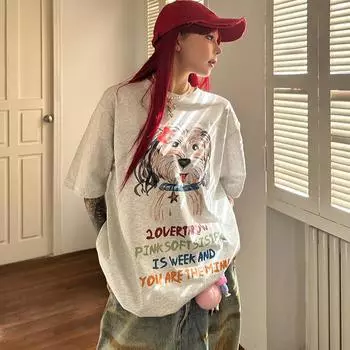 Футболка высокого качества 220G 100% хлопок Летняя футболка с забавным мультяшным принтом для женщин Одежда Harajuku Футболка большого размера Y2k Топы hio hop уличная одежда S серый