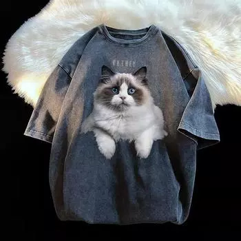 Футболка высокого качества 260G 100% хлопок 2025 Лето 3D мультяшный принт футболка для женщин Одежда Harajuku Футболка большого размера Y2k Топы УНИСЕКС уличная одежда M чёрный