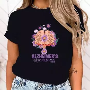 (Футболка высокого качества)Горячая футболка с принтом «Осведомленность о болезни Альцгеймера», летняя повседневная свободная футболка для женщин, рубашки Harajuku(Быстрая доставка) M чёрный