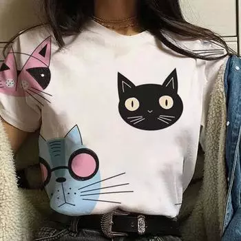 Футболка высокого качества с круглым вырезом и коротким рукавом с принтом кота, летняя уличная модная футболка, повседневная и удобная женская футболка XXS
