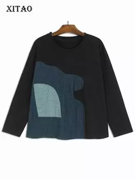 Футболка XITAO в стиле пэчворк с контрастным ковбойским узором DMJ4182 One Size чёрный