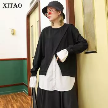 Футболка XITAO в стиле пэчворк, женская одежда, модный пуловер на пуговицах, подходящая ко всем футболкам с длинными рукавами GCC1369 M чёрный