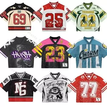 Футболка Y2K American Harajuku Hip Hop Fashion Football Jersey Streetwear Vintage Casual Breathable Splicing Free Short Sleeve S