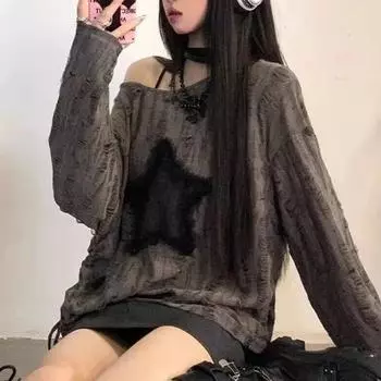 Футболка Y2K Hole Star Print, женская модная уличная одежда, топы с открытыми плечами, летние свободные футболки Kpop с длинным рукавом для женщин M серый