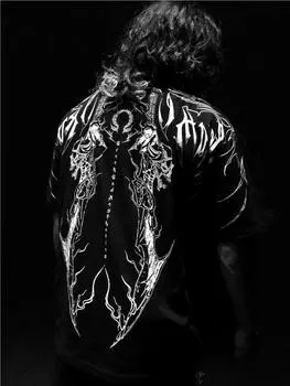 Футболка Y2K Trendy Skull Pattern Футболка Harajuku Street Retro с короткими рукавами Готический оверсайз Темный стиль Модная верхняя одежда M