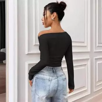Футболка Y2K в европейском и американском стиле с длинными рукавами и косыми плечами, однотонная, осенняя, модная, для девушек, облегающая S чёрный