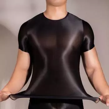 Футболка Yousheng Men Thin High Elastic Round Gown Short Sleeves Slim Fit Good Airflow Transparent Glossy Surface Top белый