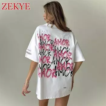 Футболка Zekye Hollow Out Summer Loose с коротким рукавом в винтажном стиле гранж, свободного покроя, в стиле уличной моды, повседневная, с длинными рукавами S