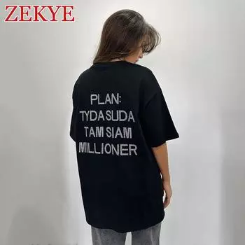Футболка Zekye Rhinestone Letter Casual, свободный размер, в стиле Bodyfriend, корейская летняя футболка с круглым вырезом, женская уличная одежда, топы Harajuku S