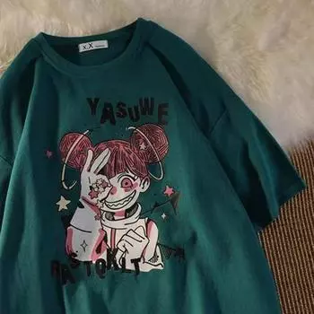 Футболка женская 2025 летняя свободная Harajuku Wind Dark Girl футболка женские топы XS