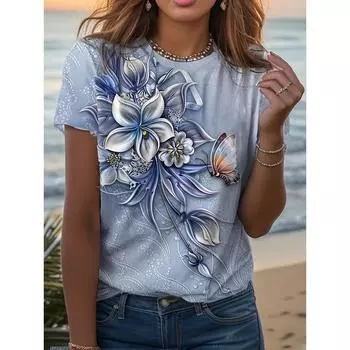 Футболка женская больших размеров, повседневная, с круглым вырезом, с принтом, с короткими рукавами, женская одежда больших размеров S