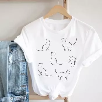 Футболка Женская Футболка со стилем принта Леди Модная одежда с героями мультфильмов Женская одежда с принтом 90-х годов Милая футболка с коротким рукавом с изображением кошки, животного, домашнего животного S