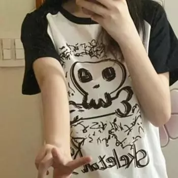 Футболка женская готическая с принтом черепа Y2K, черно-белая, топ S белый