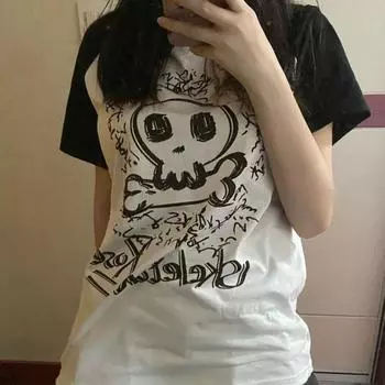 Футболка женская готическая с принтом черепа Y2K, черно-белая, топ S белый