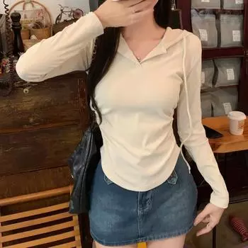 Футболка женская Harajuku Irregular 2025 весна осень с длинным рукавом с капюшоном повседневная однотонная тонкая футболка женская на шнурке y2k топы для девочек S